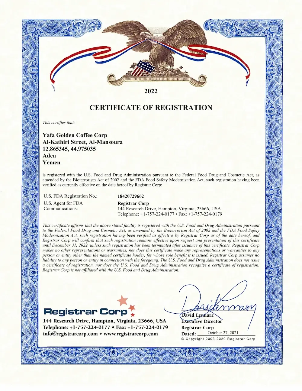 U.S. Food and Drug Administration registration certificate
